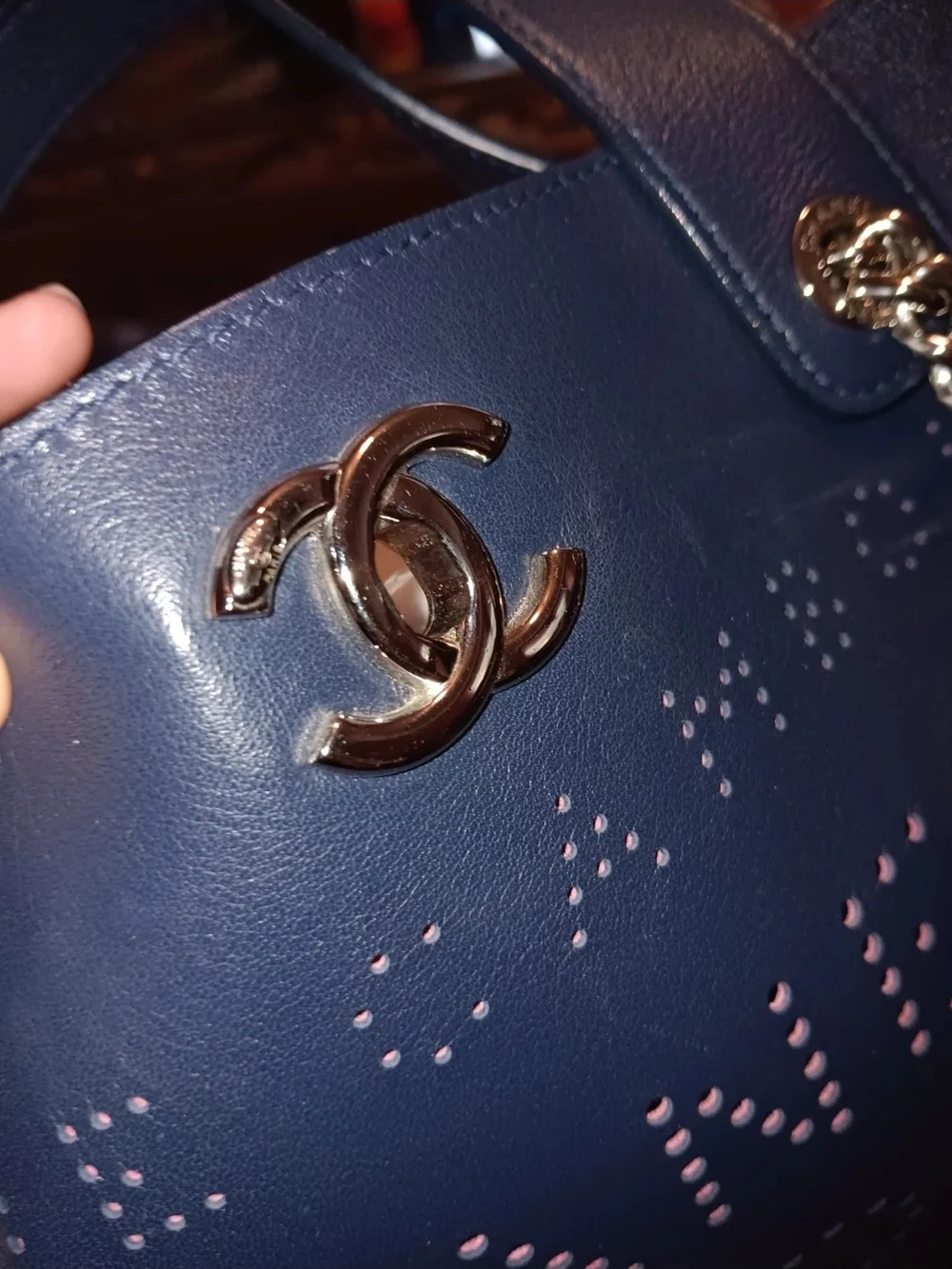 CHANEL Blue Perforated Logo Chain-Handle Tote